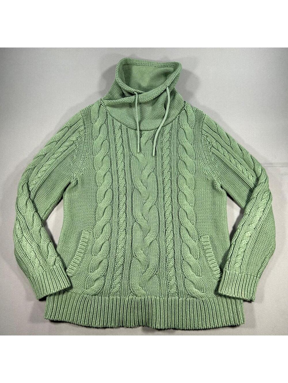 LL Bean Sweater Womens Medium Petite Green Cable Knit Chunky Funnelneck